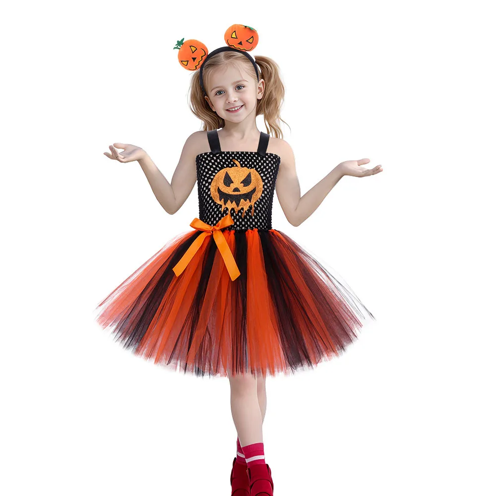 Tutu-Kleid für kleine Mädchen mit Halloween-Motiv, Patchwork-Tüllrock, Kürbisgesicht-Aufdruck für Karneval, Geburtstag, Kostüm-Outfit – Detail 2