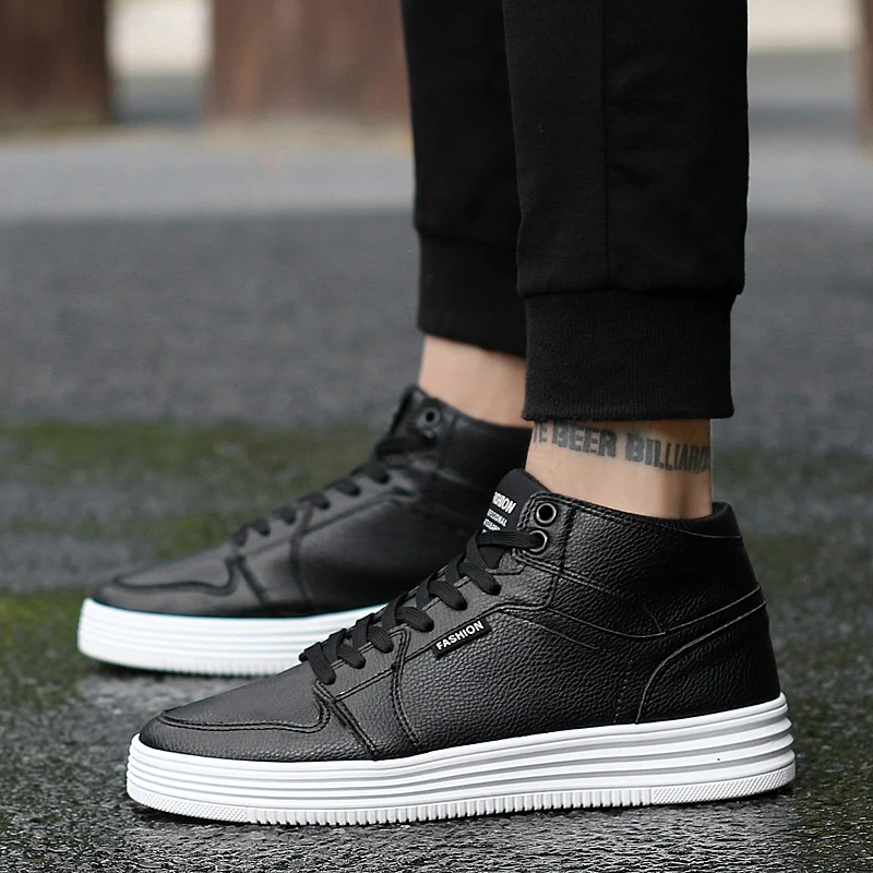 Fashion Platform Men White Sneakers Leather High Top Casual Sneakers Men Comfortable Lightweight Unisex Black Skateboard Shoes