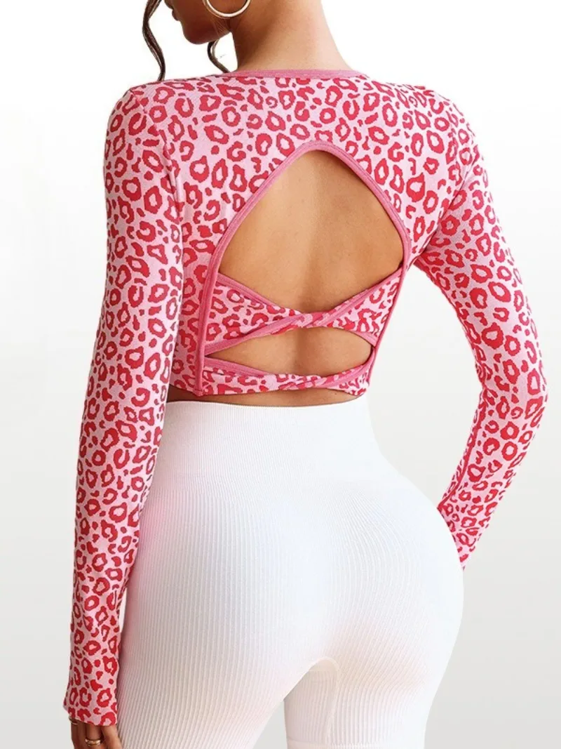 

Women Leopard Print Yoga T-shirts O-neck Long Sleeve Cut Out Underwear GYM Cropped Tops Running Sports Fitness Corset T Shirt