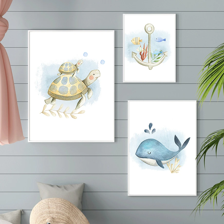 Marine Organism Custom Baby Name Wall Art Mural Print sea turtle whale octopus Canvas Painting Poster Decor Pictures Kids Room