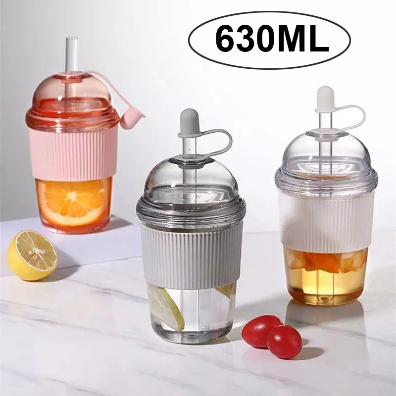 

630ML Heat-Resistant Boba Tea Straw Cup Large Capacity Coffee Milk Tea Water Bottle with Lid Plastic Tumbler for Milk Tea & Boba