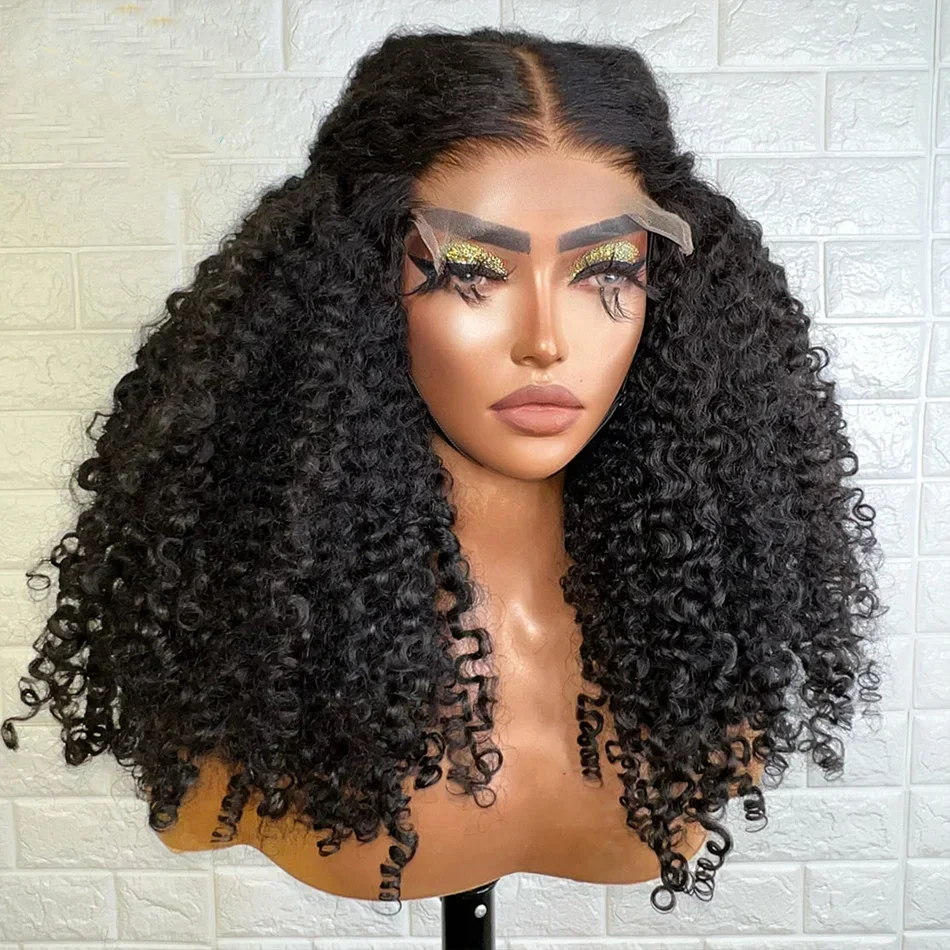 180Density 26Inch Long Black Glueless Kinky Curly Lace Front Wig For Women With Baby Hair Preplucked Daily