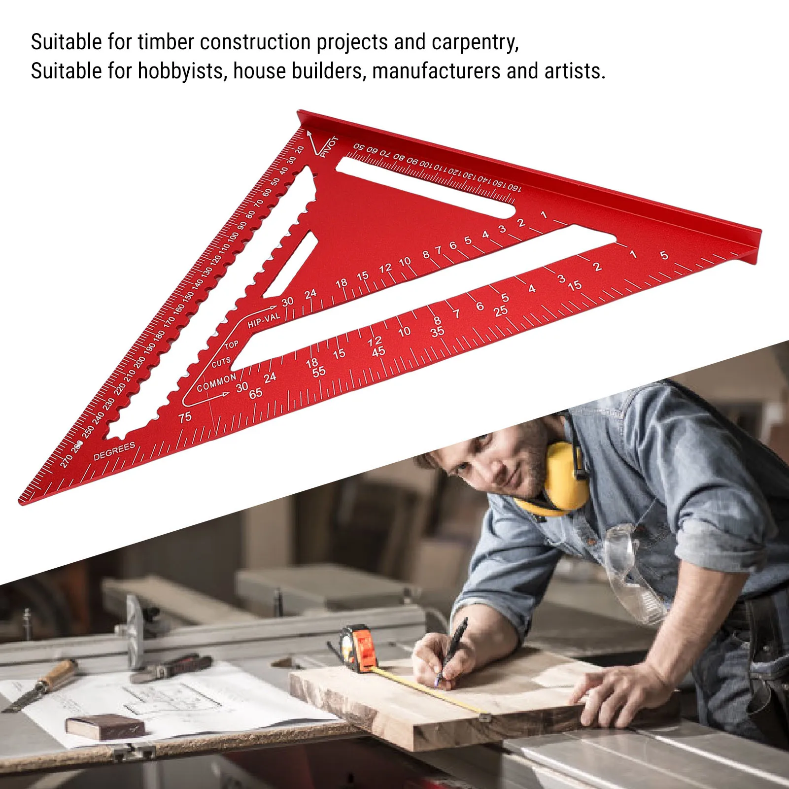 Rafter Square Aluminum 12 Inch Woodworking Layout Tool Metal Triangle Angle Protractor for Woodworking and Carpentry