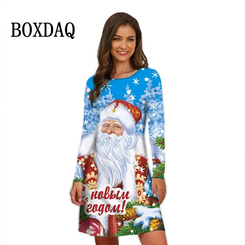 Winter Party Clothes Women Festival Christmas Dress 3D Santa Claus Snowflake Print Long Sleeve Dress Casual Loose A-Line Dresses