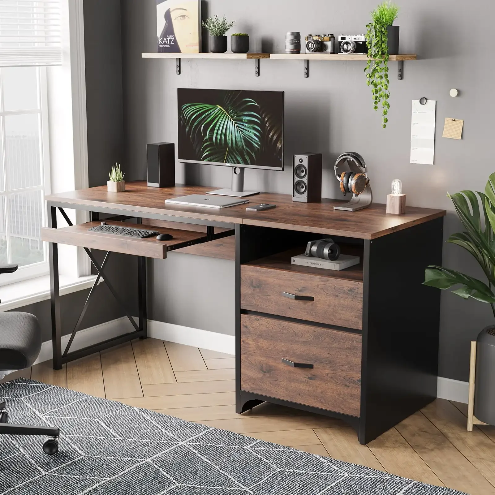 

55 inch Computer Desk with Storage Drawers & Keyboard Tray & File Drawer Home Office Desk Cherry