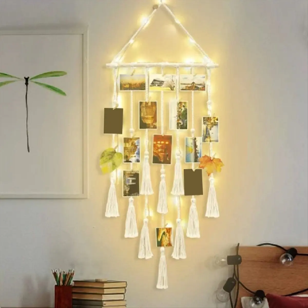 Abjs parede pendurado imagem display macrame com luz de fada e clipe boho tecido foto colagem quadro borlas bege