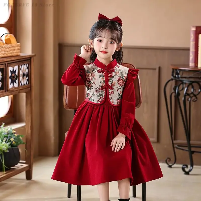 

Girls Princess Dress Children's Autumn Winter Red Gown Chinese Spring Festival New Year Cheongsam Birthday Party Dresses Qipao