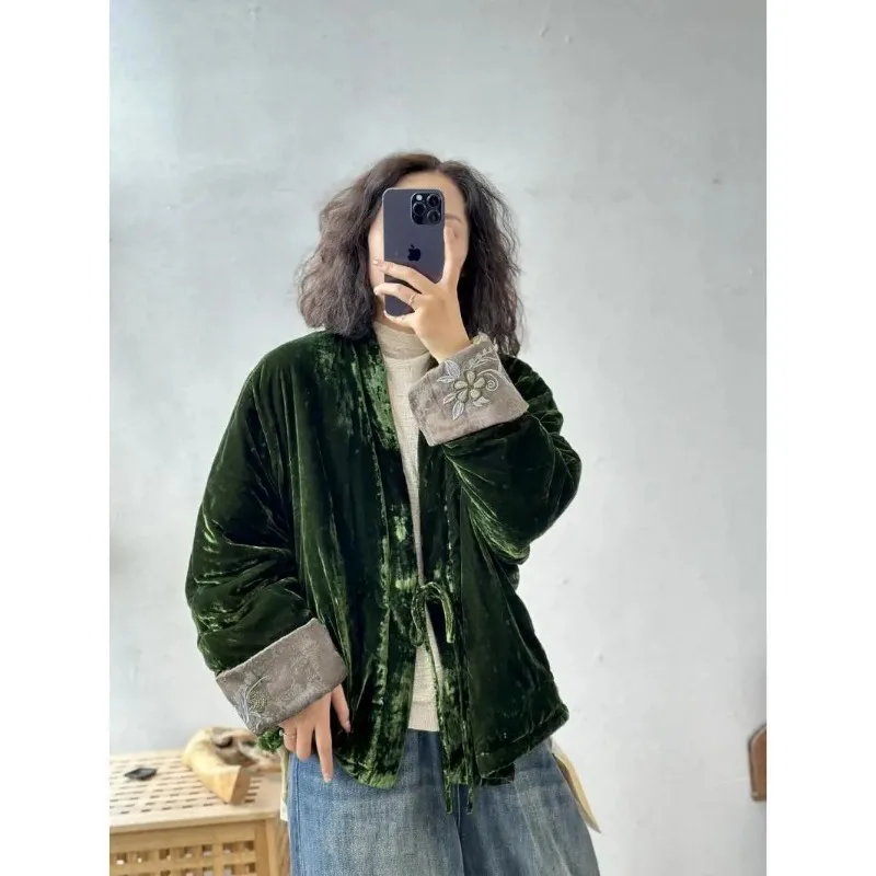 럭셔리 디자이너 여성 의류 스팽글 자수 그린 벨벳 코트 가을 겨울 자켓 따뜻한 아우터 빈티지 긴팔 탑