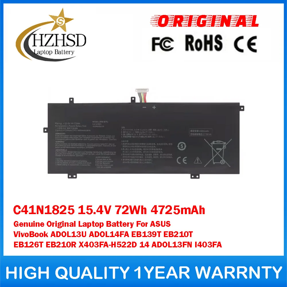 C41N1825 15.4V 72Wh 4725mAh Genuine Original Laptop Battery For ASUS VivoBook ADOL13U ADOL14FA EB139T EB126T EB210R X403FA-H522D