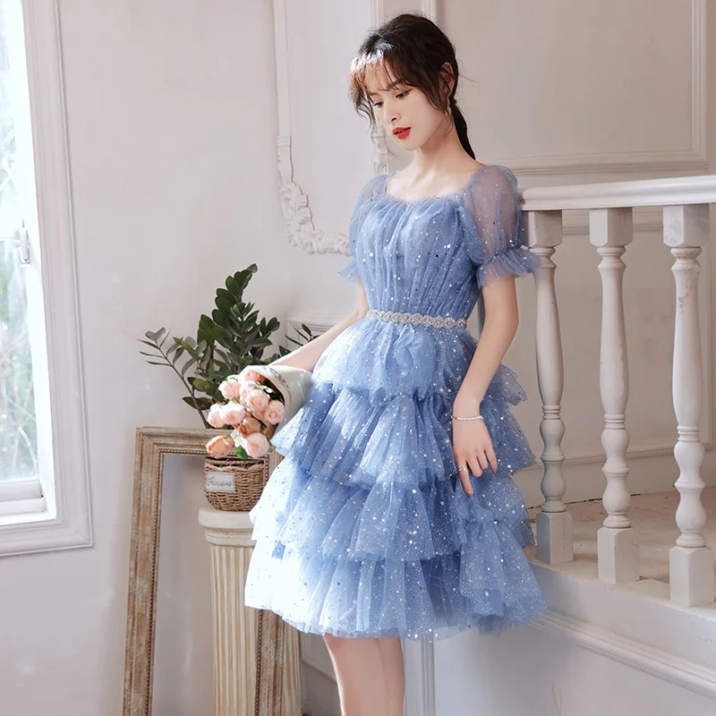 Romantic Blue Evening Dress Fashion Sequin Princess Cake Dresses Elegant Backless Lace Up Mid length Birthday Party Gown