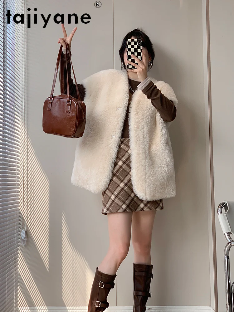 TAJIYANE 100% メリノウールシープスキンベスト女性カジュアルノースリーブリアルファーコート高品質冬服 2025 куртка женская
