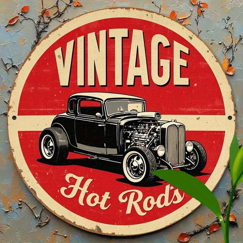 2D flach, 1 Stück, 2D-Flachdruck, Vintage-Rotes Auto, rundes Eisen-Metallblechschild – coole Vintage-Wanddekoration für Zuhause, Garage, Restaurant, C