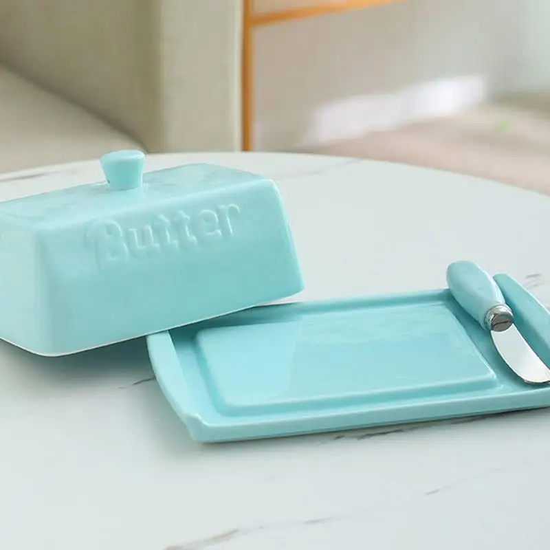 Ceramic Butter Dish With Cover Cheese Trays Butter Box Set With Knife Butter Bread Cheese Storage Plate Kitchen Accessories