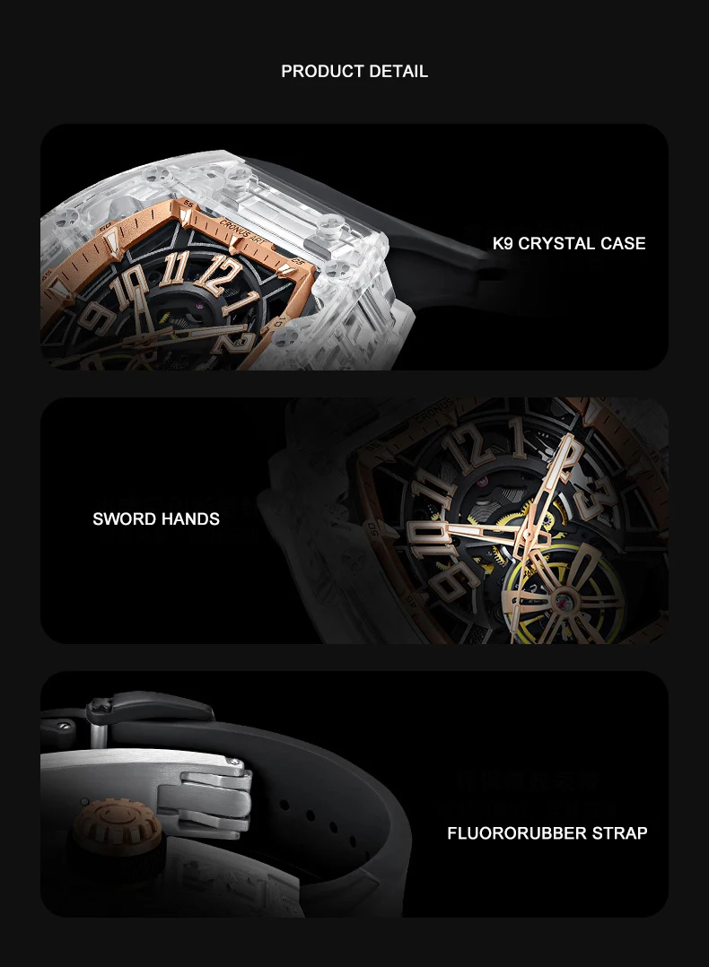 CRONUSART Orologio automatico da uomo Tonneau Orologio da polso meccanico Cassa in acrilico Scheletro Semicircolare Quadrante luminoso Cinturino in gomma fluorurata