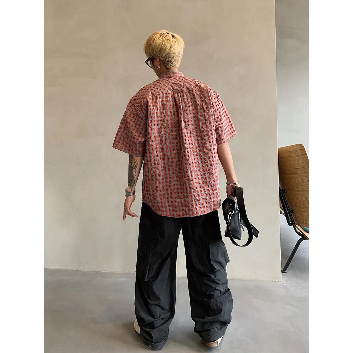Summer New American Casual Retro Plaid Loose Short Sleeve Men's Shirt Trendy Brand Men's Clothing Upper Apparel Breathable Th...