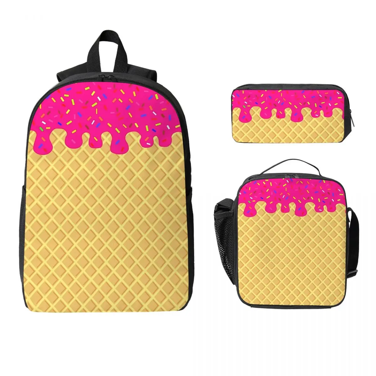 STRAWBERRY Ice Cream Waffle Cone Backpack Student BookBag School Bag Laptop Shoulder Bags 3ps Insulated Lunch Bag Pencil Case