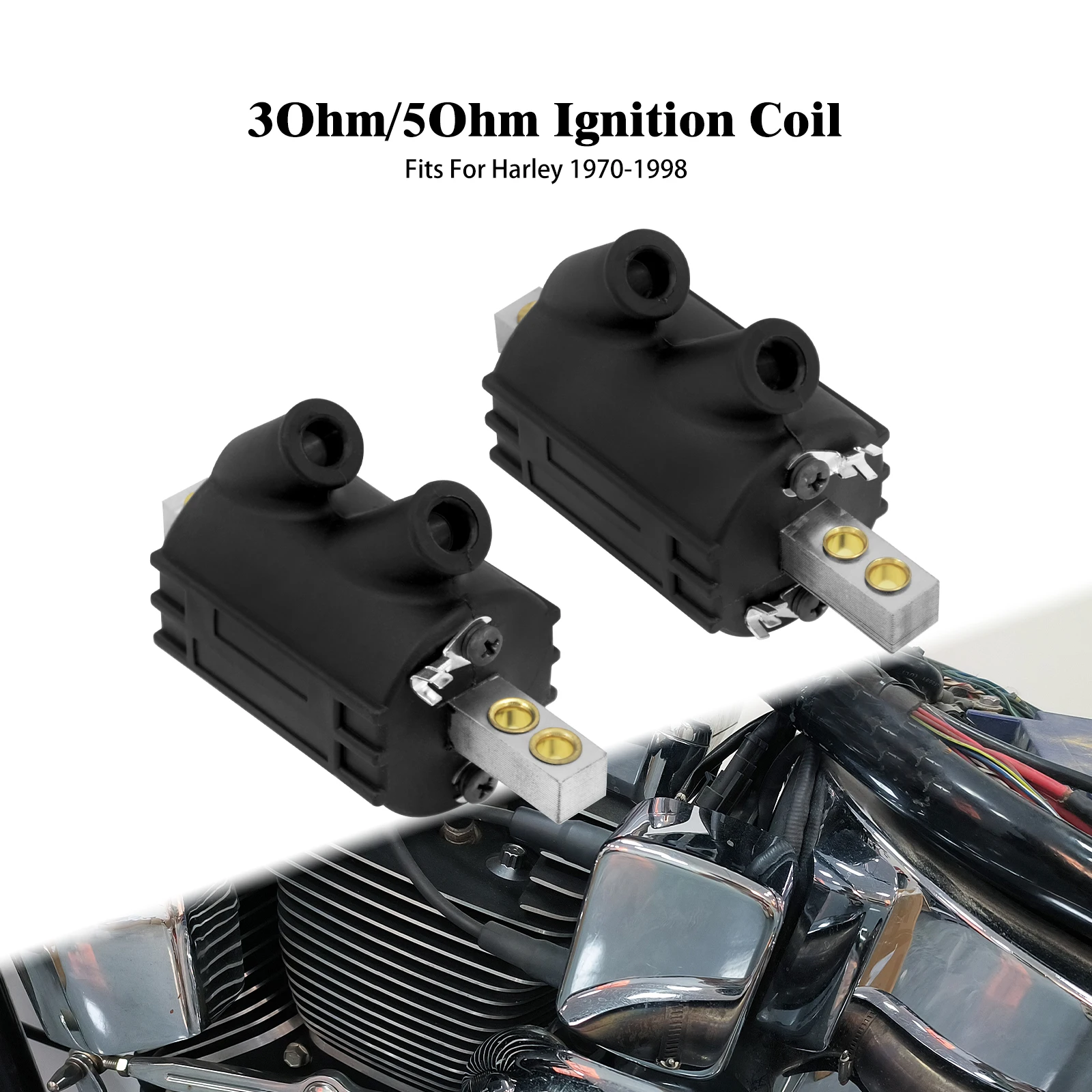 

Motorcycle 3 Ohm /5 Ohm Ignition Coil Dual Fire 12V Output For Harley Big Twin 1970-98 Touring FLH Dyna Softail FXDL Sportster