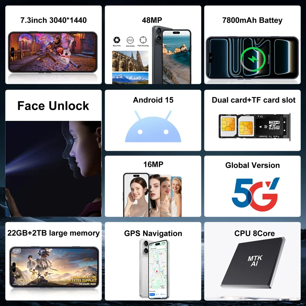 iFone 17 Pro Maxi Mobiltelefone Smartphone Android Smartphone 5G Handy 7,3" Original 22GB+2TB Gesichtserkennung Dual-SIM 7800mAh Generalüberholt – Detail 5