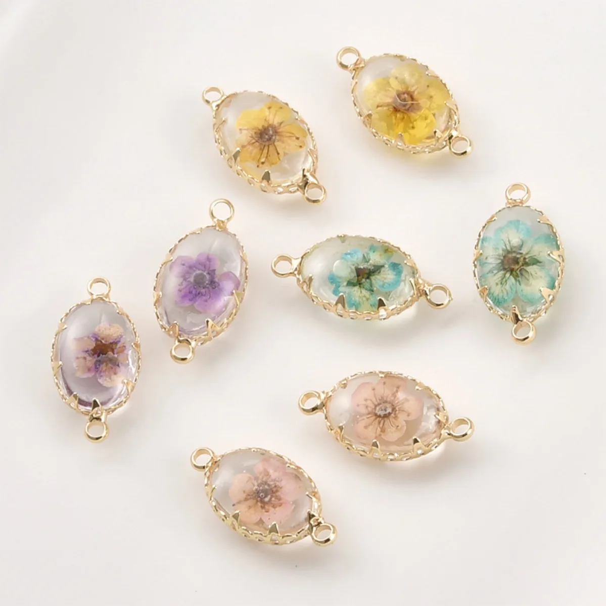 Brass‑Framed Fresh Spring‑Style Oval Flower Double Bail Pendant DIY Bracelet Necklace Earring Making Supplies