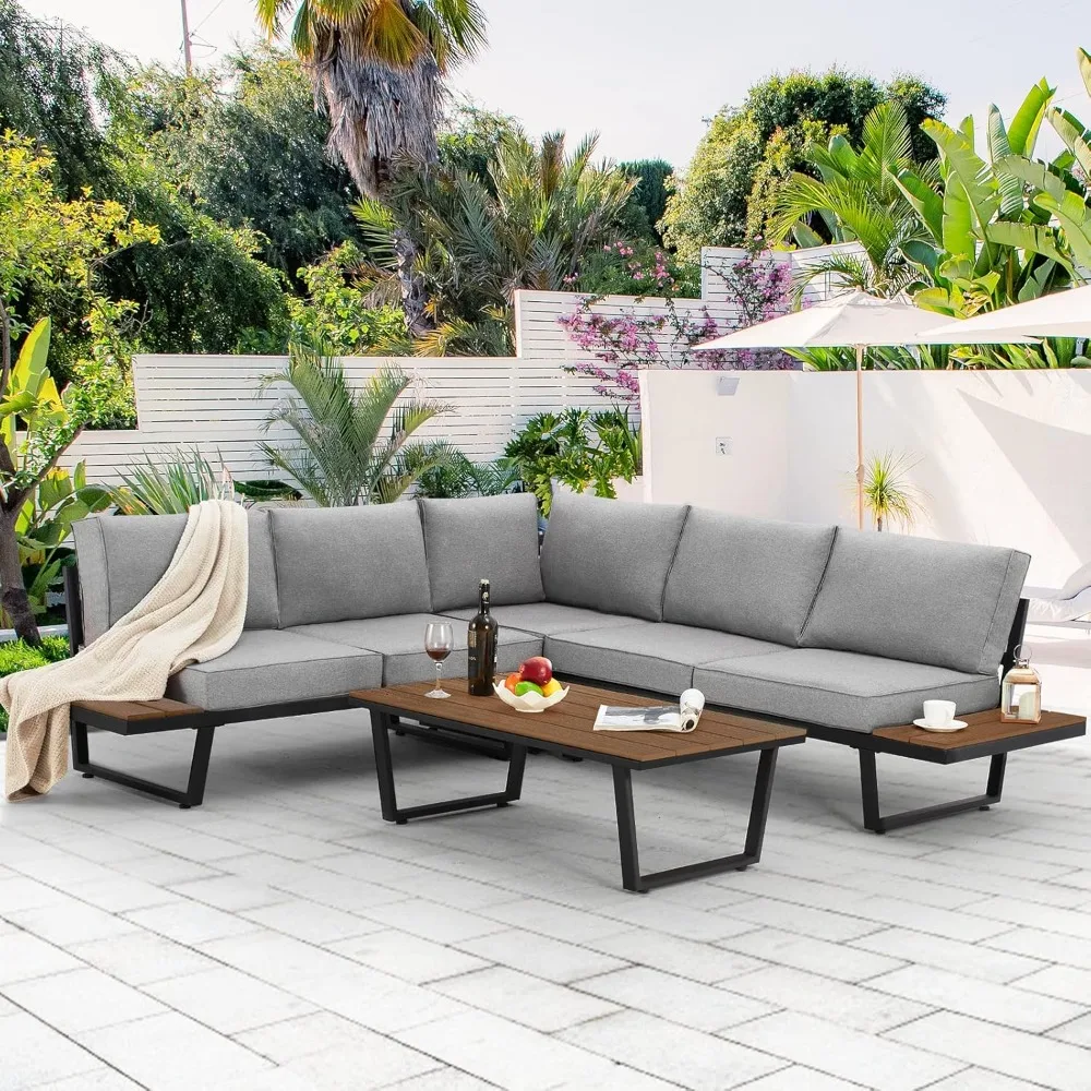 

Outdoor Sectional Sofa Set with Coffee Table, Extra Large L-Shaped Metal Conversation Set