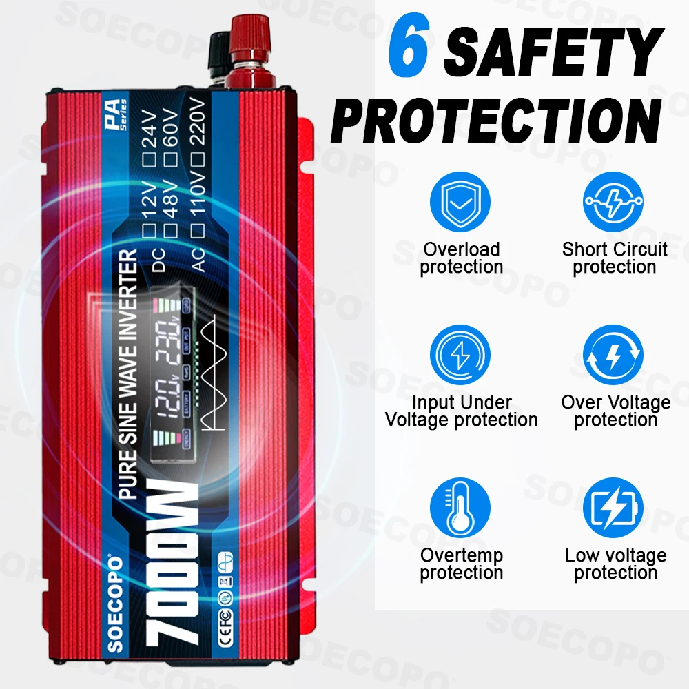 SOECOPO Inwerter 12V na 110V 7000W Czysta Fala Sinusoidalna Inwerter Solarny DC 12V/24V/48V/60V na AC 110V/220V Dom Kemping RV