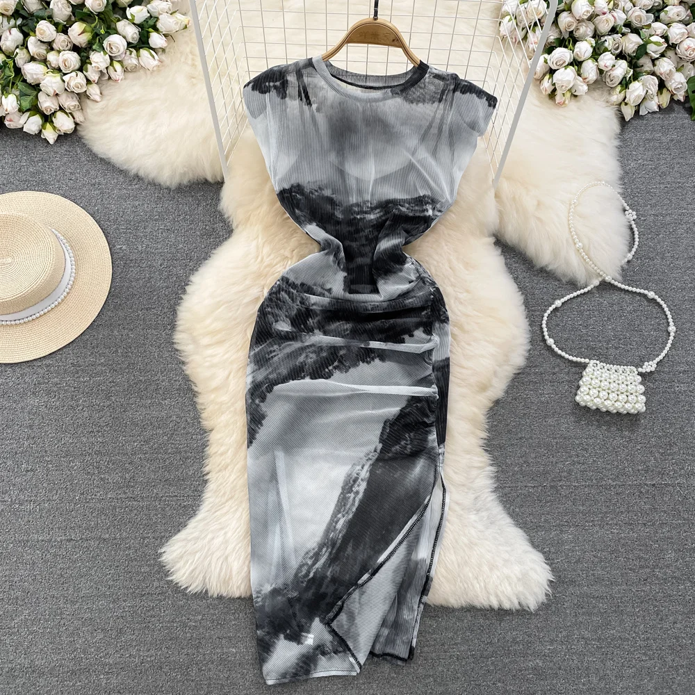 

Foamlina Vintage Style Print Women Summer Perpective Mesh Bodycon Dress O Neck Sleeveless Slim Fit Side Split Midi Party Dress