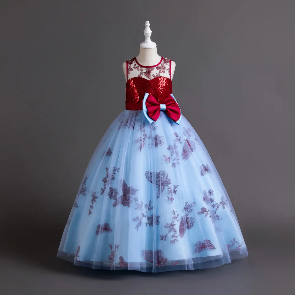 Butterfly Girl Party Dresses Color Block Girls Long Ceremonial Dress Gown 4-13 Years Sequins