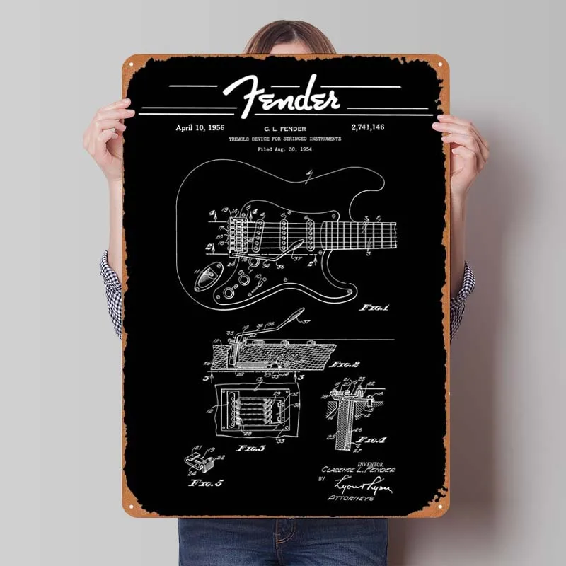 Fender Tremolo Patent Rapper Metal Sign Music Poster Home and Decoration Room Custom Tinplate Signs for Wall Art Decoration Bar