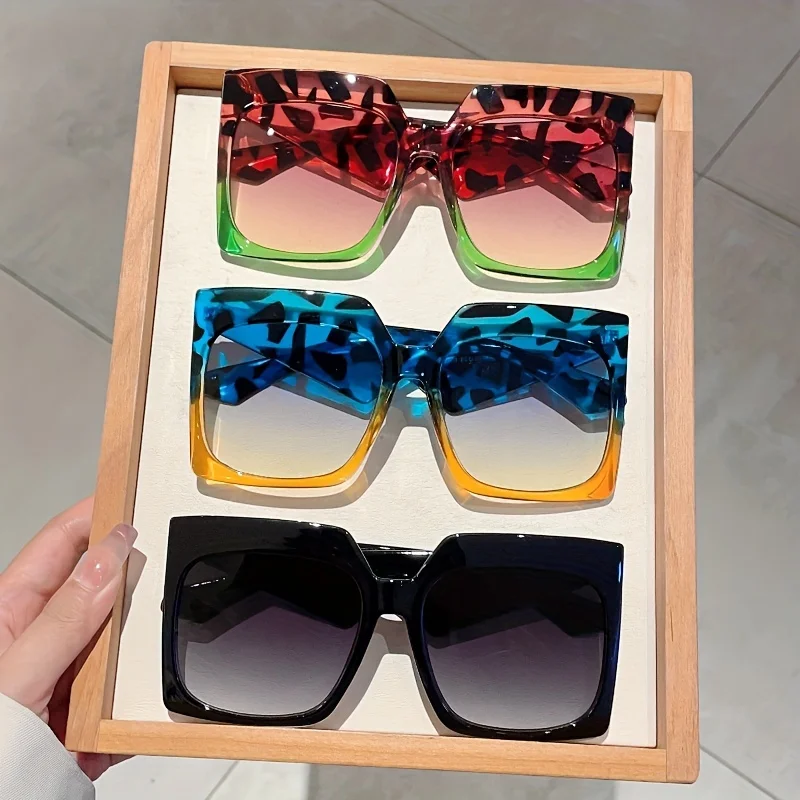 Gafas de sol cuadradas con montura completa para mujer, lentes de sol de gran tamaño con estampado de leopardo, degradados, elegantes, Multicolor, 1 ud.