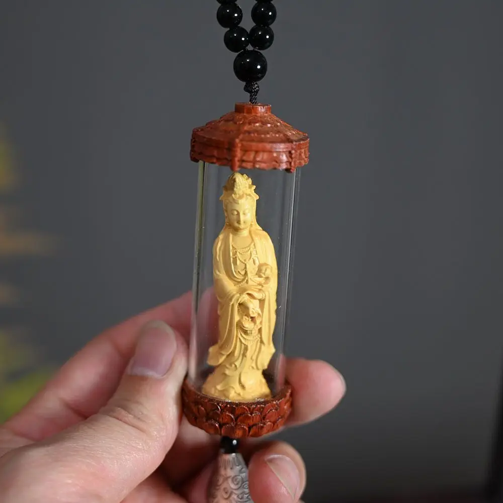 Boxwood Clean Bottle Guanyin Car Hanging Decoration Pendant Buddha Wood Carving Crafts Rearview Mirror Car Hanging Bless safety