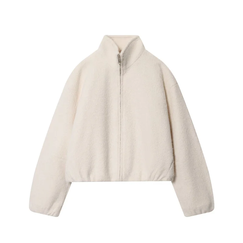 

Women's Coat 2025 Autumn New Style White Long Sleeve Stand Collar Loose Jacket Casual Fashion Versatile