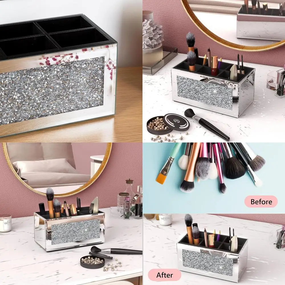 

6-Slot Mirrored Makeup Organizer with Crushed Diamond for Vanity Countertop Storage