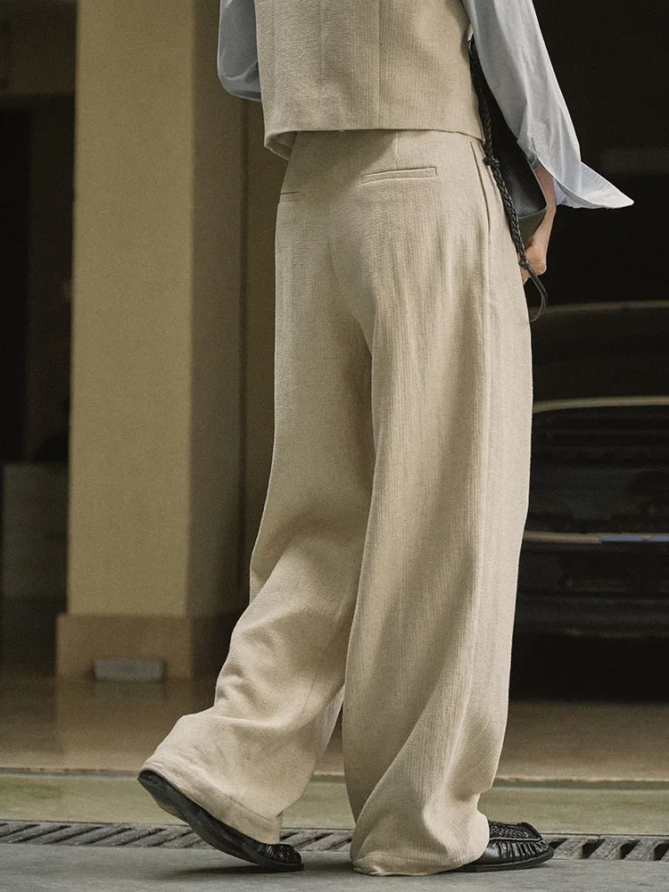 [LANMREM] Korean Version High Waist Linen Wide Leg Pants For Women Fashion Straight Streetwear Female Trousers 2025 Spring New 2