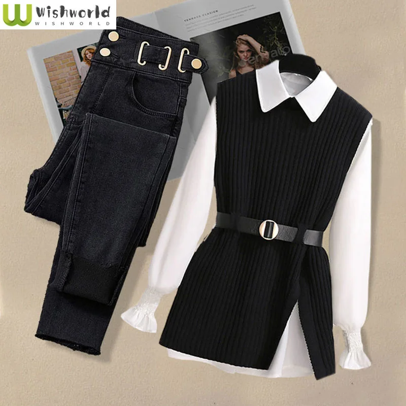 Large Autumn and Winter Suit for Women 2023 New Korean Fashion Knitted Vest Shirt Casual Slim Jeans Three Piece Set