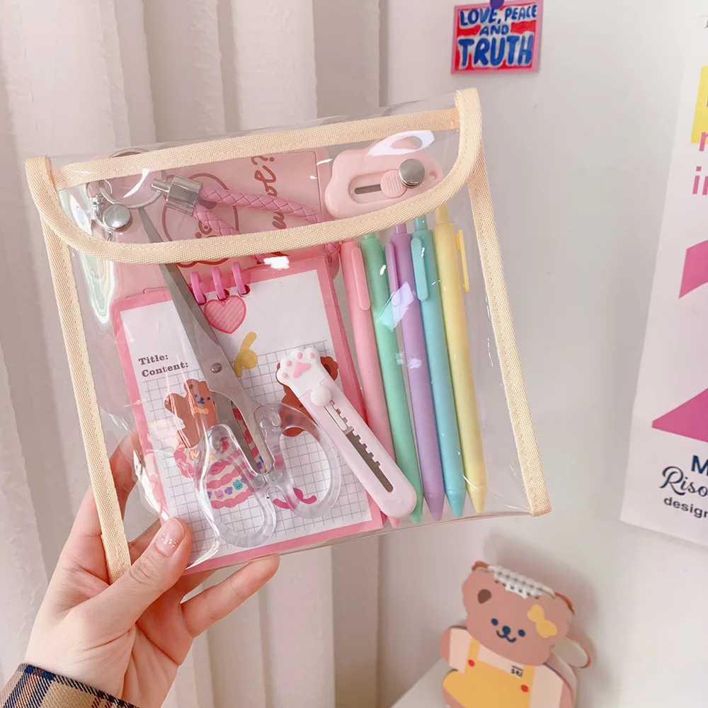 Koreanische Große Lagerung Klar PVC Transparent Kosmetik Tasche Student Bleistift Fall Wasserdicht Schöne Schreibwaren Lagerung Dokumente Beutel – Detail 12