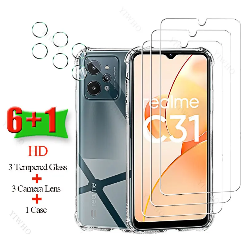 6+1 Screen Protectors Full Cover Tempered Glass for Realme C31 Transparent Soft Case Camera Lens on For Realme C 31 6.5