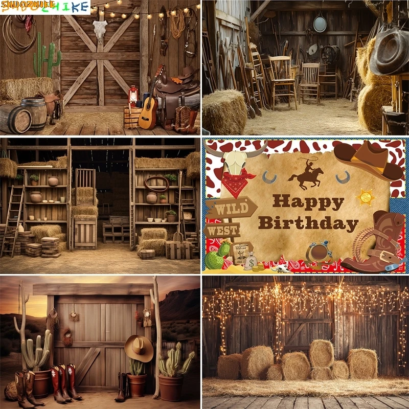 

Western Cowboy Charm of the Countryside Rustic Barn Door Photography Backdrops Hay Bales Wheel Candles Farm Background CO-04