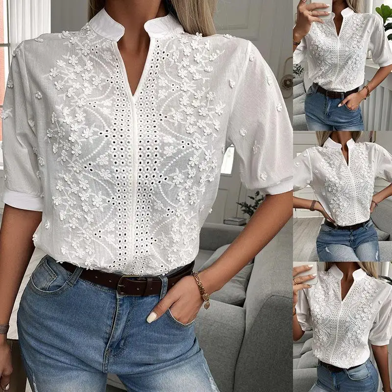 Casual Three Dimensional Flowers Shirt For Women Elegant V-neck Half Sleeved Hollow Lace Pullover Top Summer Fashion New White