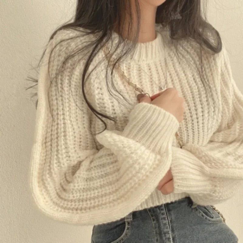 Korean Style Puff Long Sleeve Short Sweater Autumn Winter O-neck Solid Women\'s Clothes Fashion Loose Pullover Knitted Tops 28813