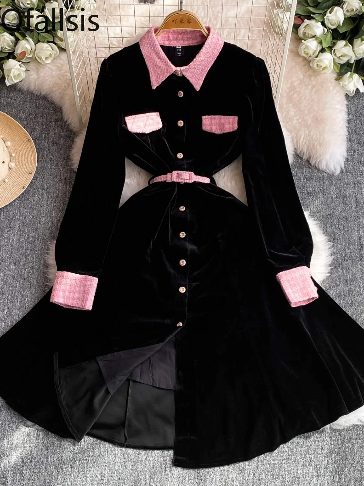 Ofallsis Black French Style Socialite Temperament Dress 2024 Spring Autumn New Slim Fit Color Contrast Velvet Shirt Dresses