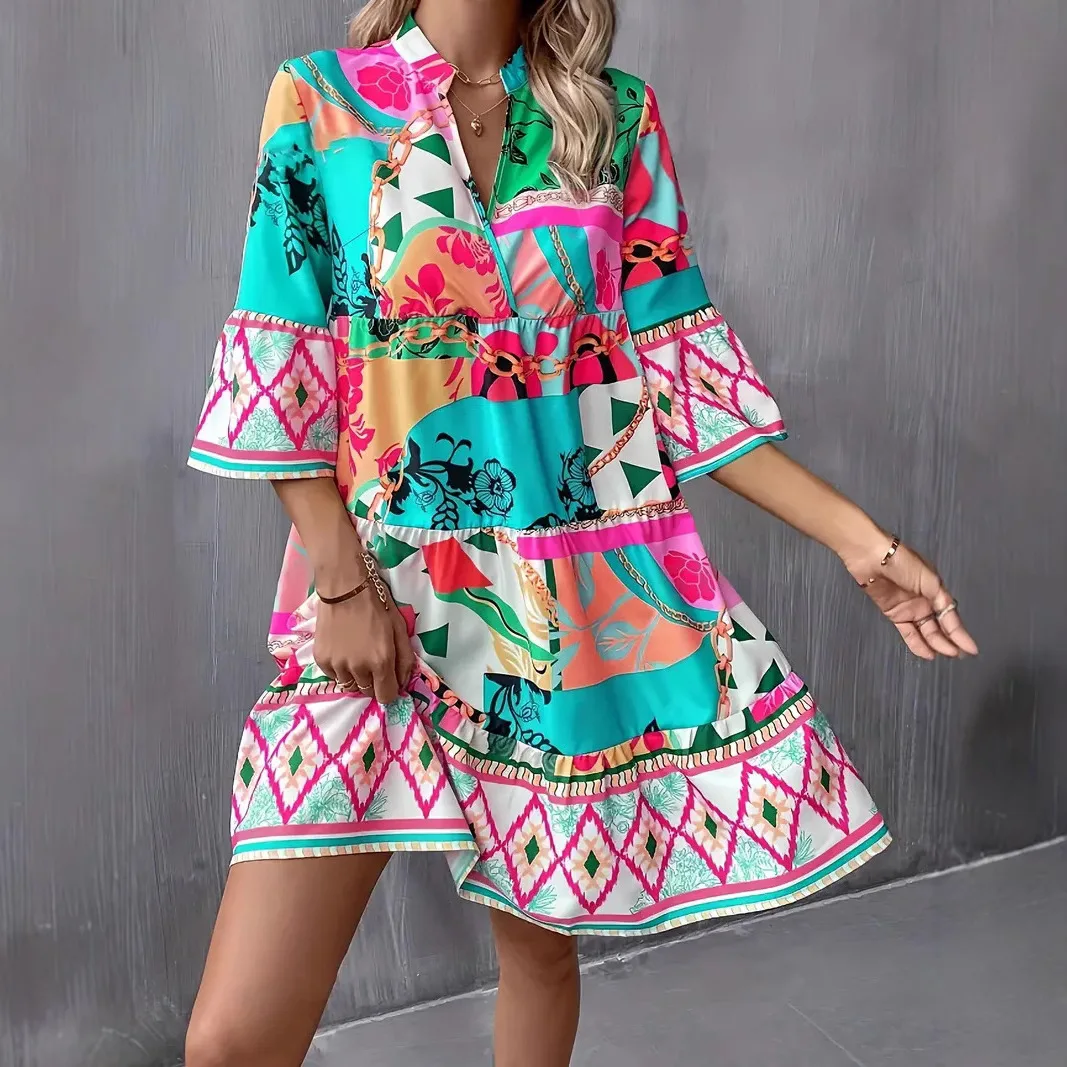 2026 Damen Neues Sommer-Mode-Trend-Kleid mit Aufdruck, hochwertigem V-Ausschnitt, Fünf-Viertel-Glockenärmeln und weitem Rock für Pendlerinnen