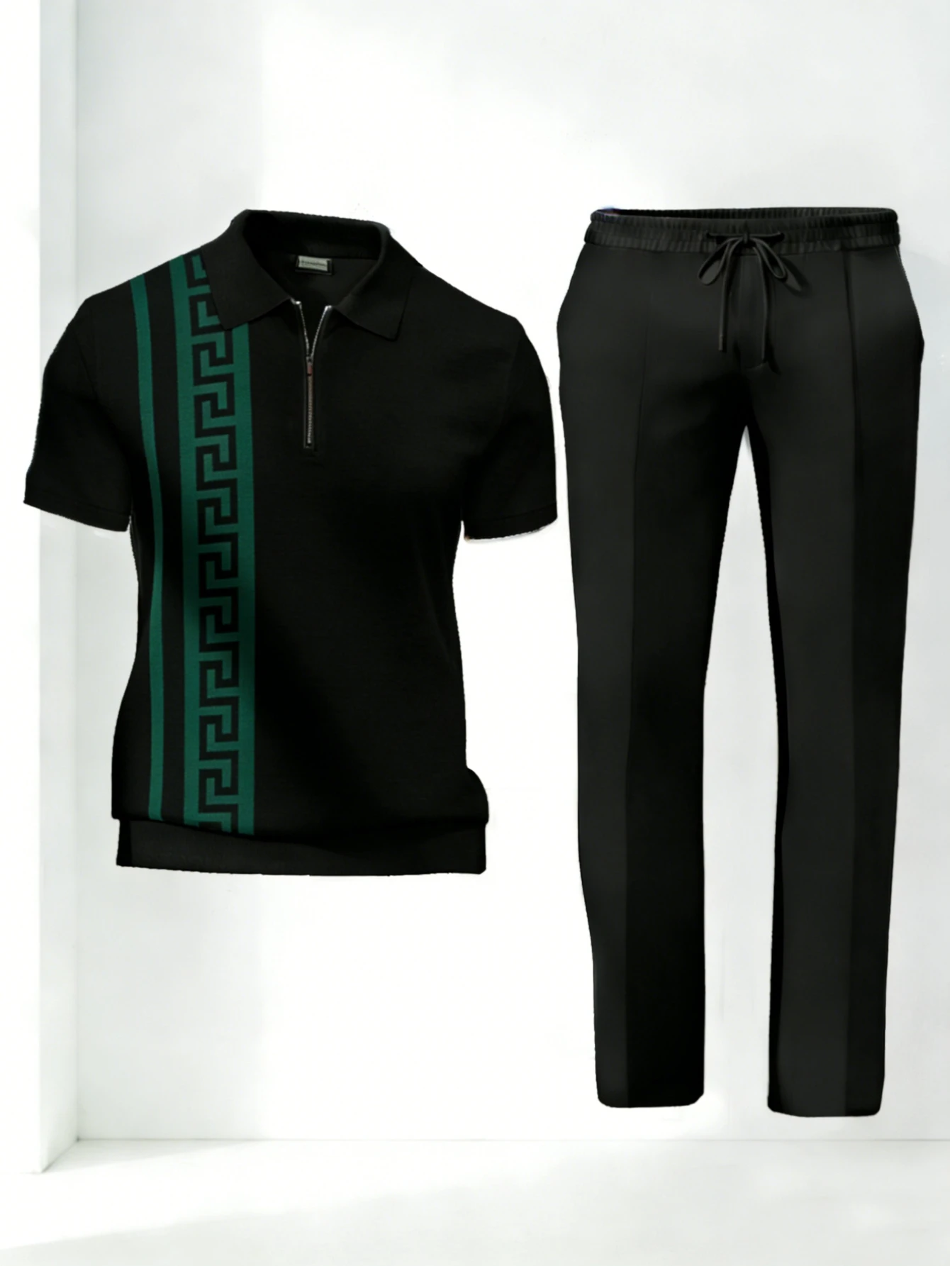Only one top, pants not included-Men's half zip polo shirt,retro ethnic geometric print,outdoor casual vacation short sleeve