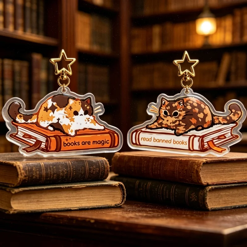 Bookish Kitty Acrylic Keychain Cute Calico Tortie Cat On Book Pendant  Bag Charm Books Are Magic Read Literary Lovers Gift