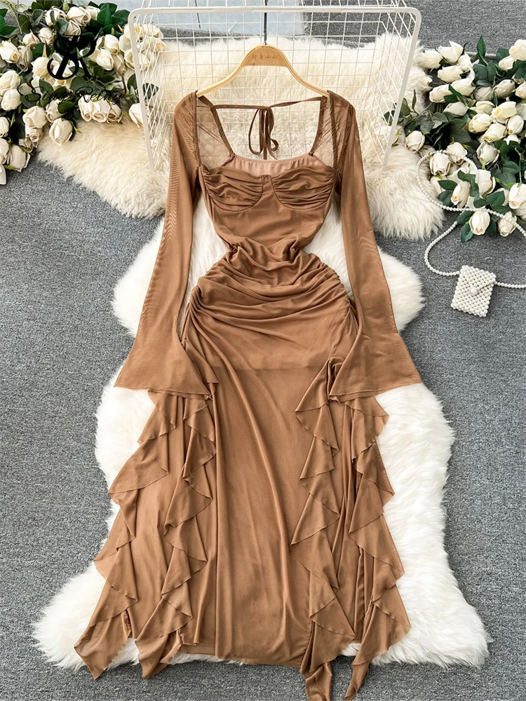 SINGREINY-vestido de malla con abertura para mujer, prenda Sexy de manga larga con cuello cuadrado, transparente, fruncido, ajustado, para fiesta de verano, 2024