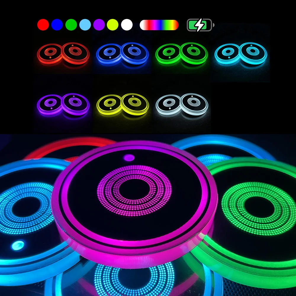 2 Stück LED-Getränkehalter-Beleuchtung fürs Auto, wiederaufladbare 7-farbig wechselnde Beleuchtungs-Getränkehalter-Einlagen, Autozubehör für Jugendliche
