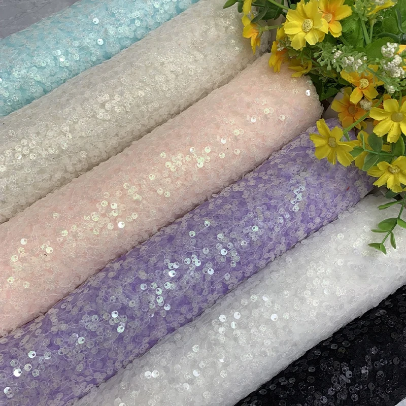 

1 Yard Elegant African Embroidery Beaded Lace Fabric High-end Nigerian Sequins Tulle Lace Fabric For Wedding Party Dress