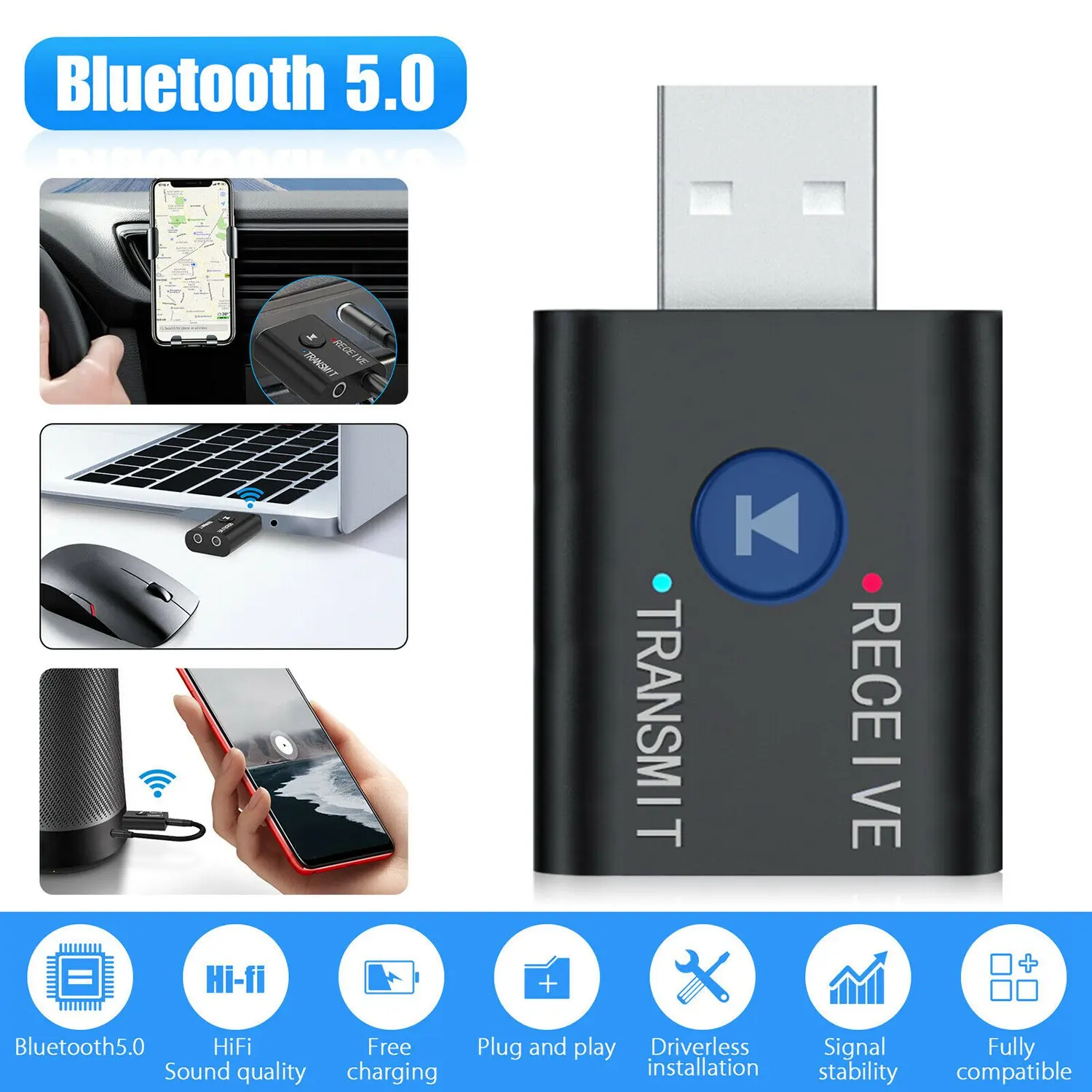 AT87-2-In-1 Adaptor Penerima Pemancar Audio Bluetooth USB Adaptor Audio Nirkabel HiFi dengan Kabel AUX 3.5Mm untuk TV PC Mobil