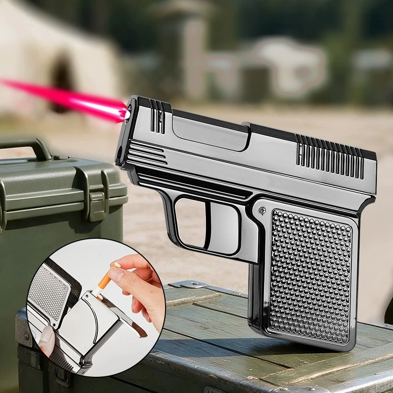 New metal gun shaped cigarette box lighter windproof personalized red flame inflatable lighter cigarette box