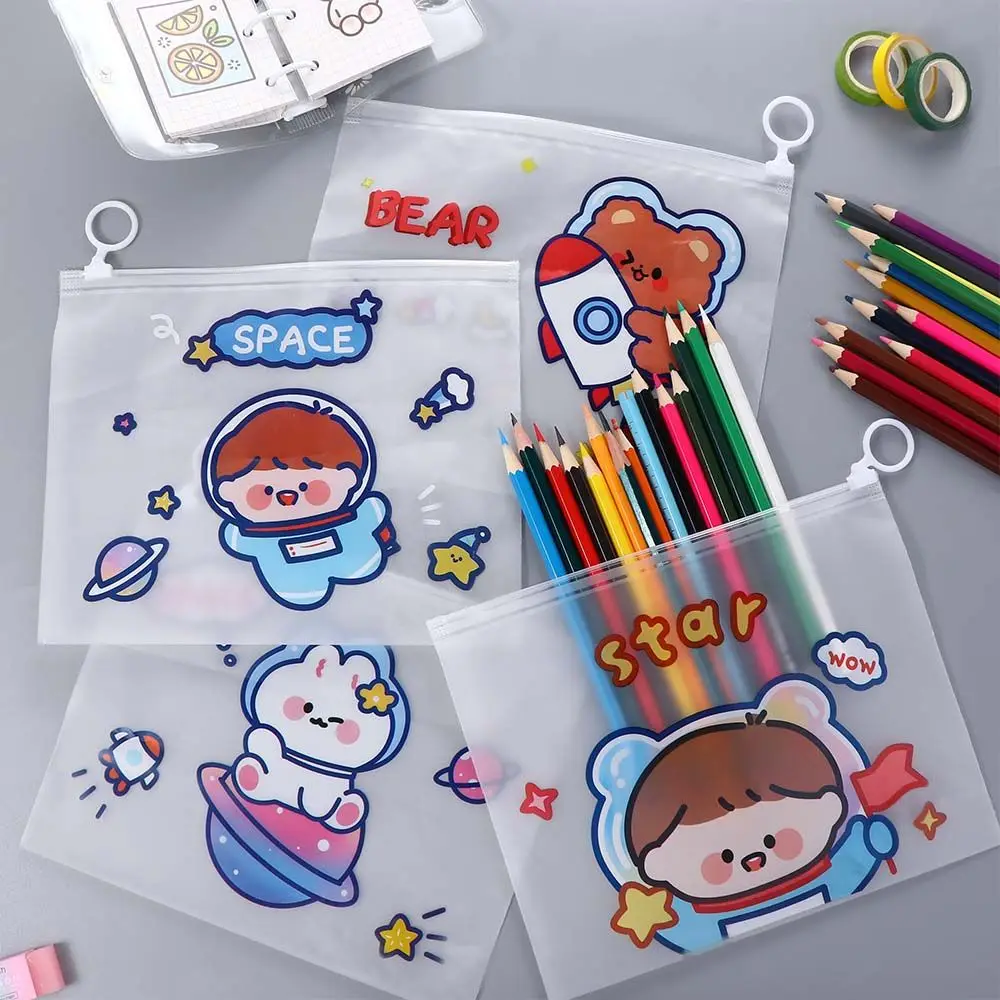 Cute Kawaii Test Paper Folder High Capacity Zipper Bag Learning Stationery Cartoon Transparent File Bag Office Supplies