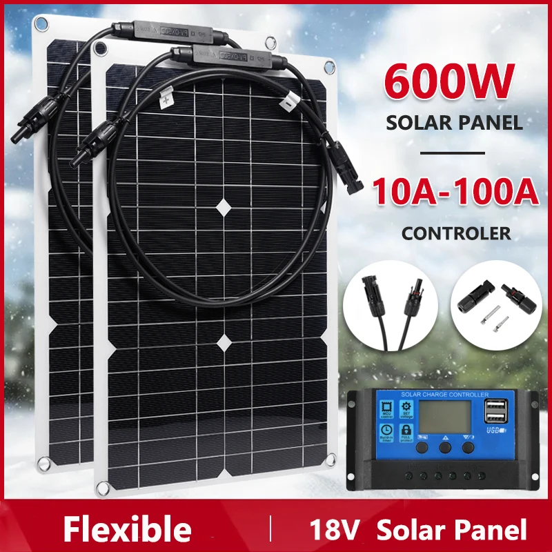 600W Solar Panel Kit 12V Battery Charger 18V Solar Cell 10A-100A Charge Controller Complete Power Generation Home Camp Outdoor